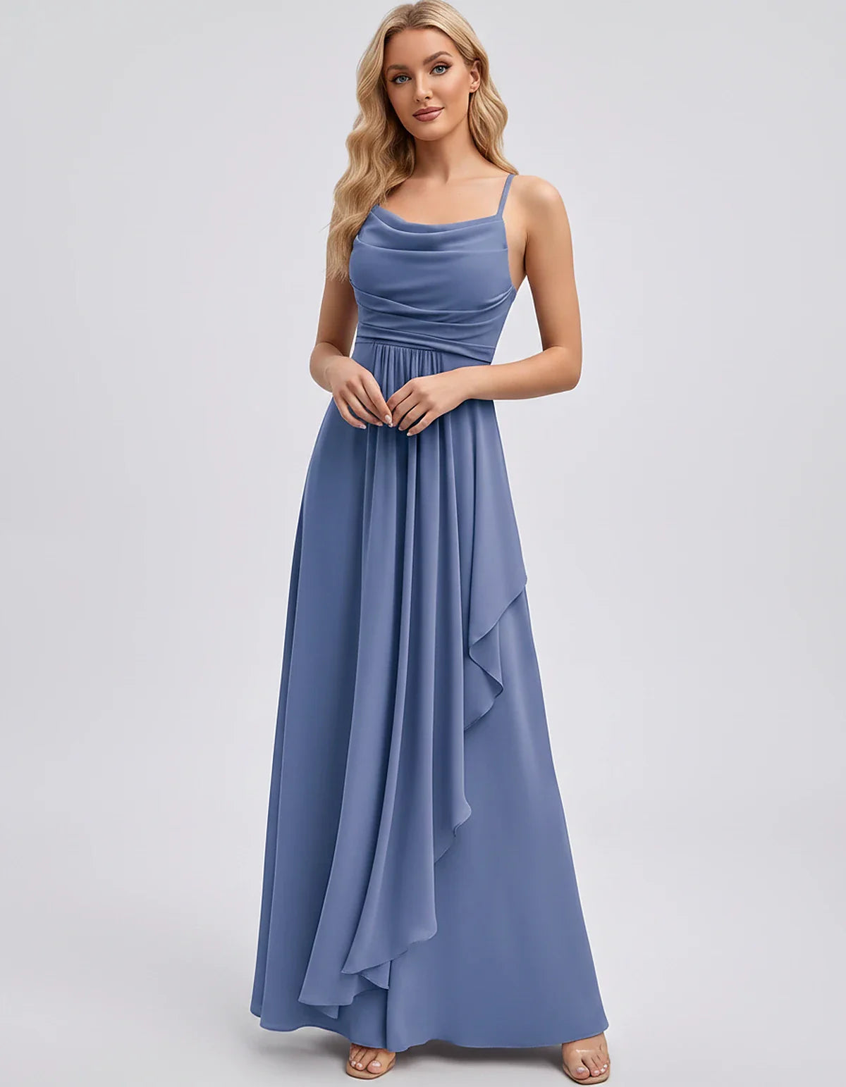 Chiffon Sleeveless Cowl Neck A-Line Maxi Dress for Party, Cocktail, Evening, Wedding Guest, Bridesmaid & Summer Events, front | SKU: SM-482716395814207-DUSTYBLUE-L,SM-482716395814207-DUSTYBLUE-M,SM-482716395814207-DUSTYBLUE-S,SM-482716395814207-DUSTYBLUE-XL,SM-482716395814207-DUSTYBLUE-XS