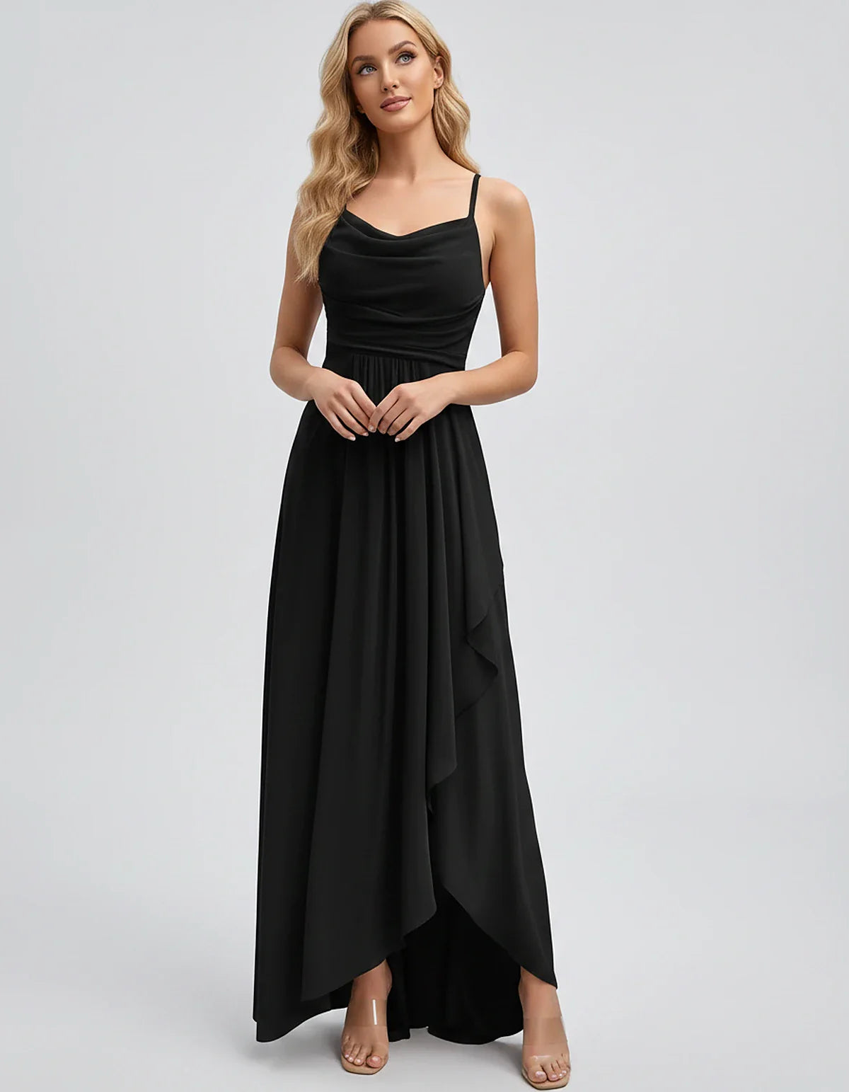 Chiffon Sleeveless Cowl Neck A-Line Maxi Dress for Party, Cocktail, Evening, Wedding Guest, Bridesmaid & Summer Events, front | SKU: SM-482716395814207-BLACK-L,SM-482716395814207-BLACK-M,SM-482716395814207-BLACK-S,SM-482716395814207-BLACK-XL,SM-482716395814207-BLACK-XS