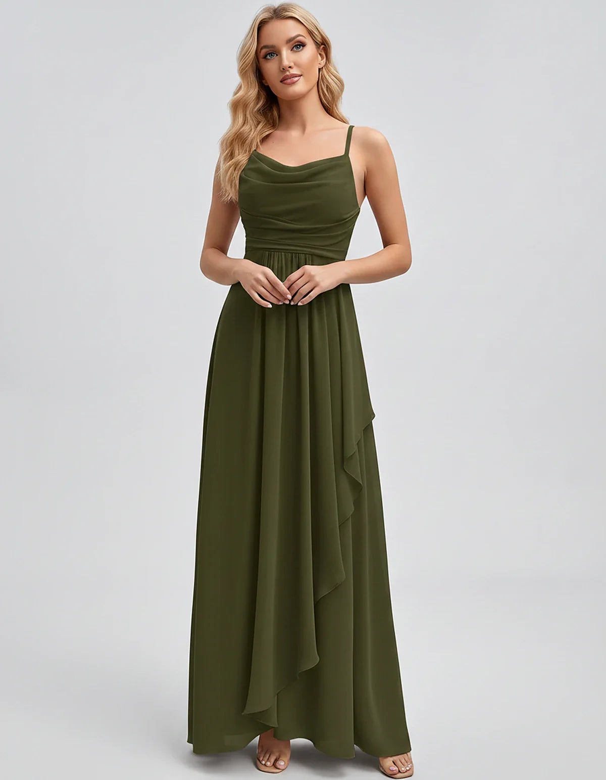Chiffon Sleeveless Cowl Neck A-Line Maxi Dress for Party, Cocktail, Evening, Wedding Guest, Bridesmaid & Summer Events, front | SKU: SM-482716395814207-ARMYGREEN-L,SM-482716395814207-ARMYGREEN-M,SM-482716395814207-ARMYGREEN-S,SM-482716395814207-ARMYGREEN-XL,SM-482716395814207-ARMYGREEN-XS