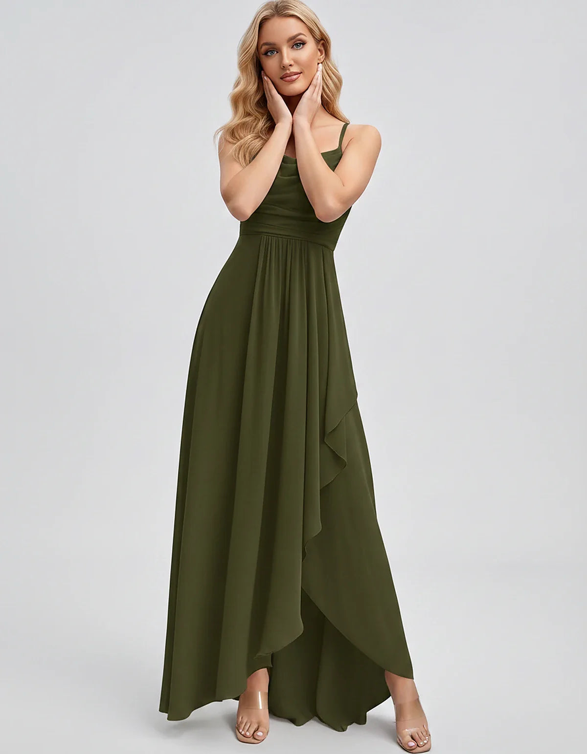 Chiffon Sleeveless Cowl Neck A-Line Maxi Dress for Party, Cocktail, Evening, Wedding Guest, Bridesmaid & Summer Events, front | SKU: SM-482716395814207-ARMYGREEN-L,SM-482716395814207-ARMYGREEN-M,SM-482716395814207-ARMYGREEN-S,SM-482716395814207-ARMYGREEN-XL,SM-482716395814207-ARMYGREEN-XS
