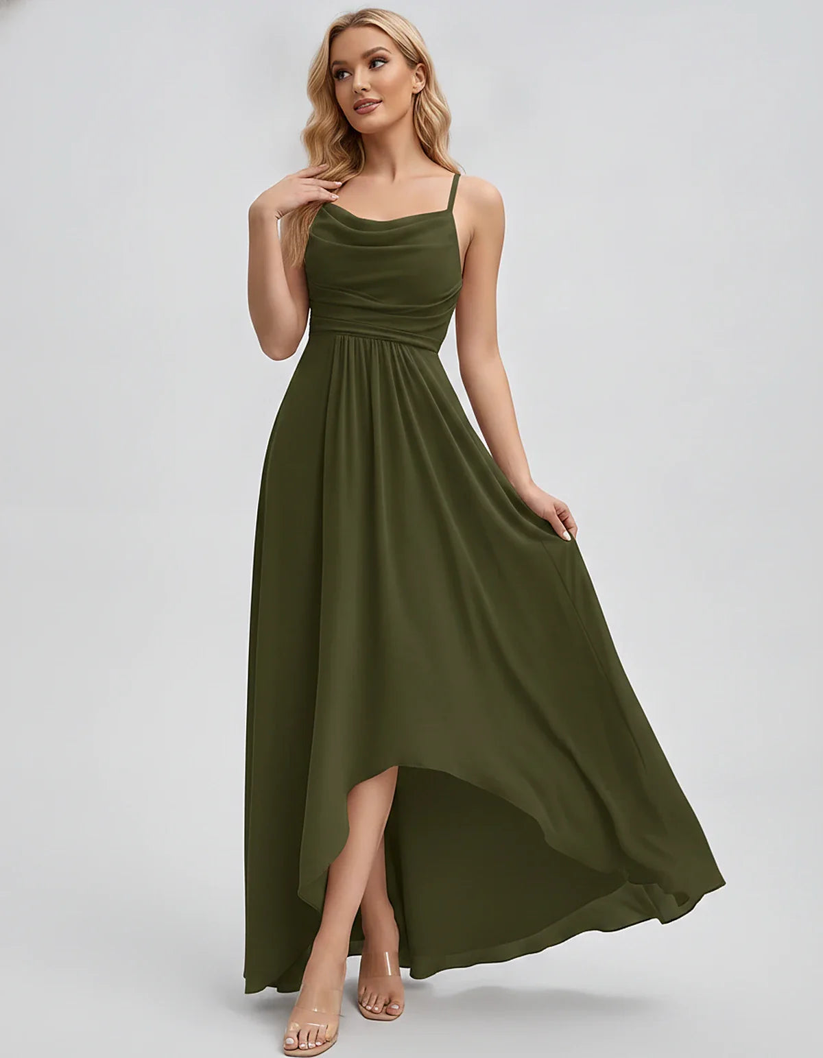 Chiffon Sleeveless Cowl Neck A-Line Maxi Dress for Party, Cocktail, Evening, Wedding Guest, Bridesmaid & Summer Events, front | SKU: SM-482716395814207-ARMYGREEN-L,SM-482716395814207-ARMYGREEN-M,SM-482716395814207-ARMYGREEN-S,SM-482716395814207-ARMYGREEN-XL,SM-482716395814207-ARMYGREEN-XS