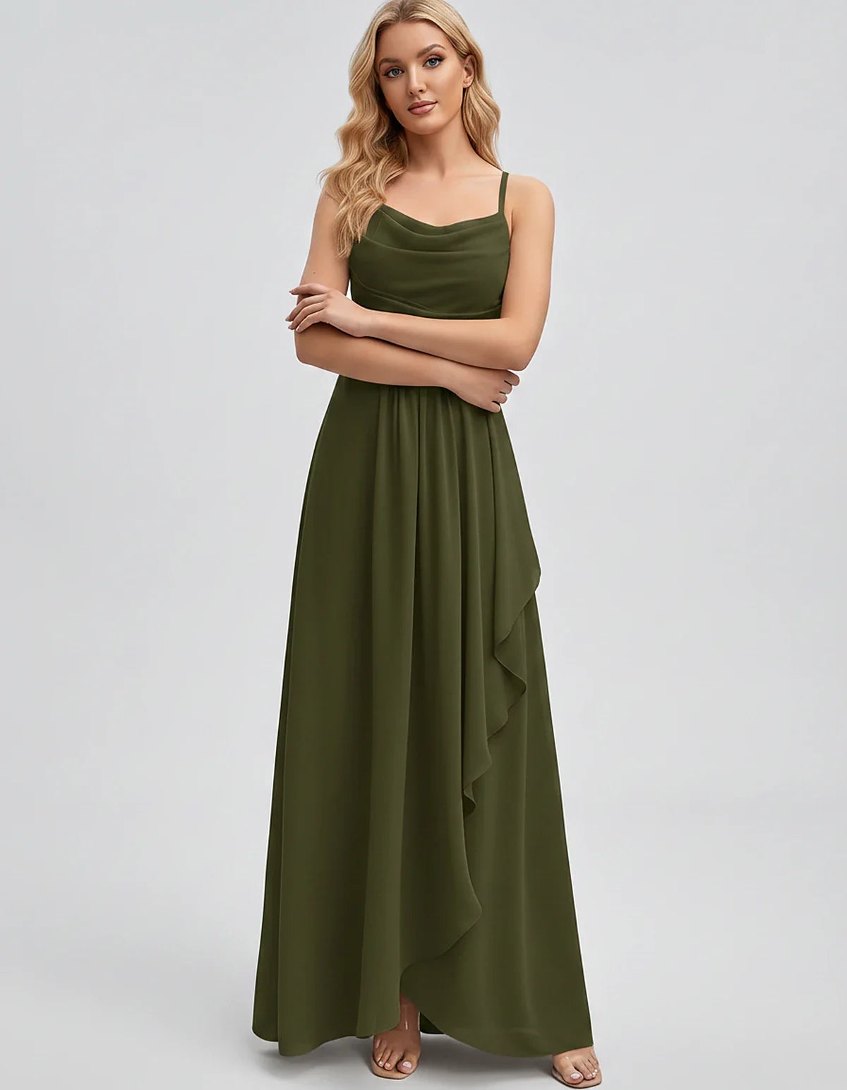 Chiffon Sleeveless Cowl Neck A-Line Maxi Dress for Party, Cocktail, Evening, Wedding Guest, Bridesmaid & Summer Events, front | SKU: SM-482716395814207-ARMYGREEN-L,SM-482716395814207-ARMYGREEN-M,SM-482716395814207-ARMYGREEN-S,SM-482716395814207-ARMYGREEN-XL,SM-482716395814207-ARMYGREEN-XS