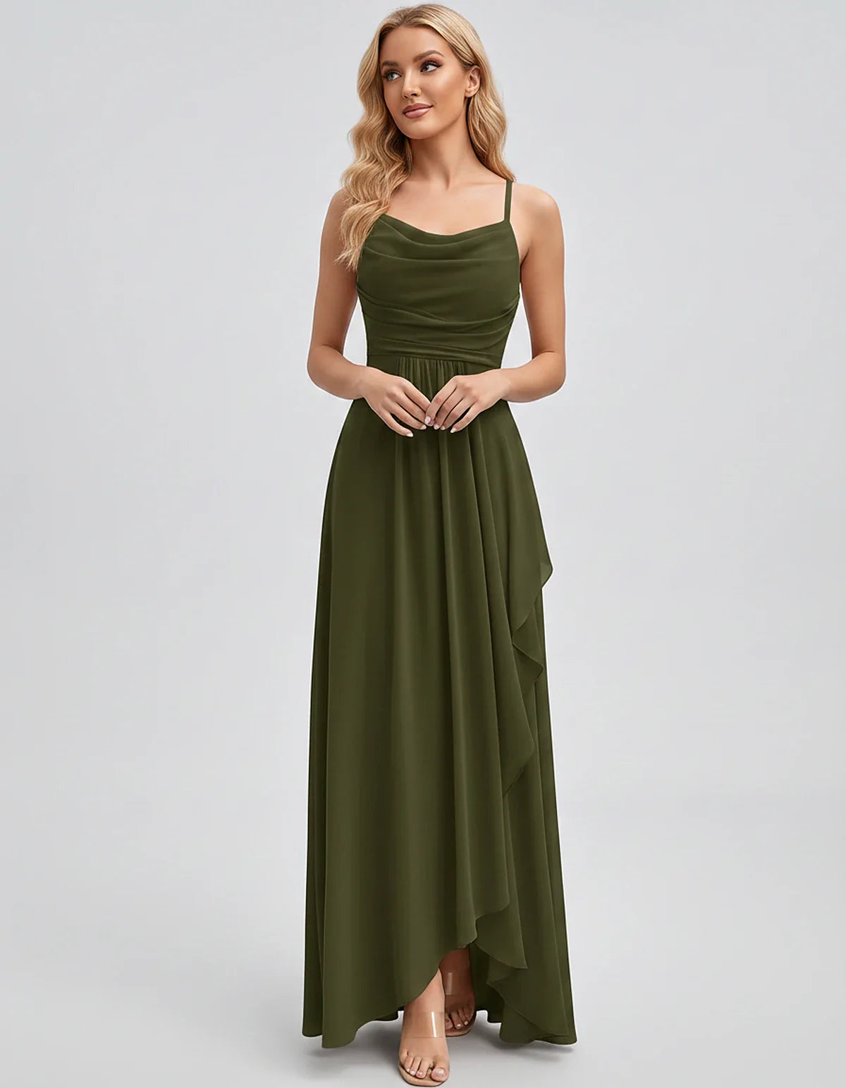Chiffon Sleeveless Cowl Neck A-Line Maxi Dress for Party, Cocktail, Evening, Wedding Guest, Bridesmaid & Summer Events, front | SKU: SM-482716395814207-ARMYGREEN-L,SM-482716395814207-ARMYGREEN-M,SM-482716395814207-ARMYGREEN-S,SM-482716395814207-ARMYGREEN-XL,SM-482716395814207-ARMYGREEN-XS