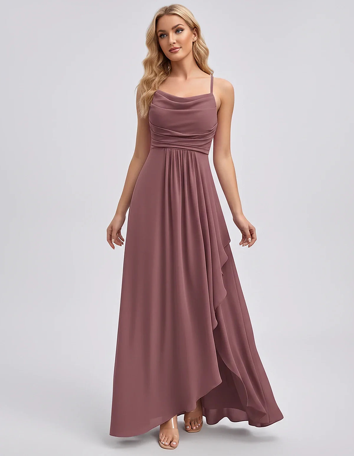 Chiffon Sleeveless Cowl Neck A-Line Maxi Dress for Party, Cocktail, Evening, Wedding Guest, Bridesmaid & Summer Events, front | SKU: SM-482716395814207-DUSTYROSE-L,SM-482716395814207-DUSTYROSE-M,SM-482716395814207-DUSTYROSE-S,SM-482716395814207-DUSTYROSE-XL,SM-482716395814207-DUSTYROSE-XS