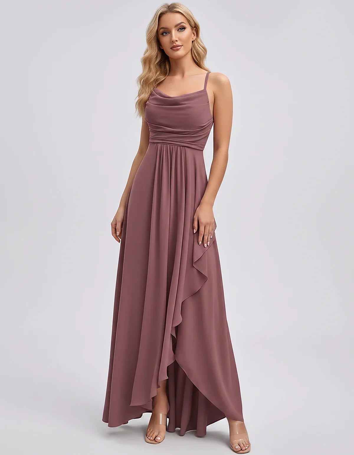 Chiffon Sleeveless Cowl Neck A-Line Maxi Dress for Party, Cocktail, Evening, Wedding Guest, Bridesmaid & Summer Events, front | SKU: SM-482716395814207-DUSTYROSE-L,SM-482716395814207-DUSTYROSE-M,SM-482716395814207-DUSTYROSE-S,SM-482716395814207-DUSTYROSE-XL,SM-482716395814207-DUSTYROSE-XS