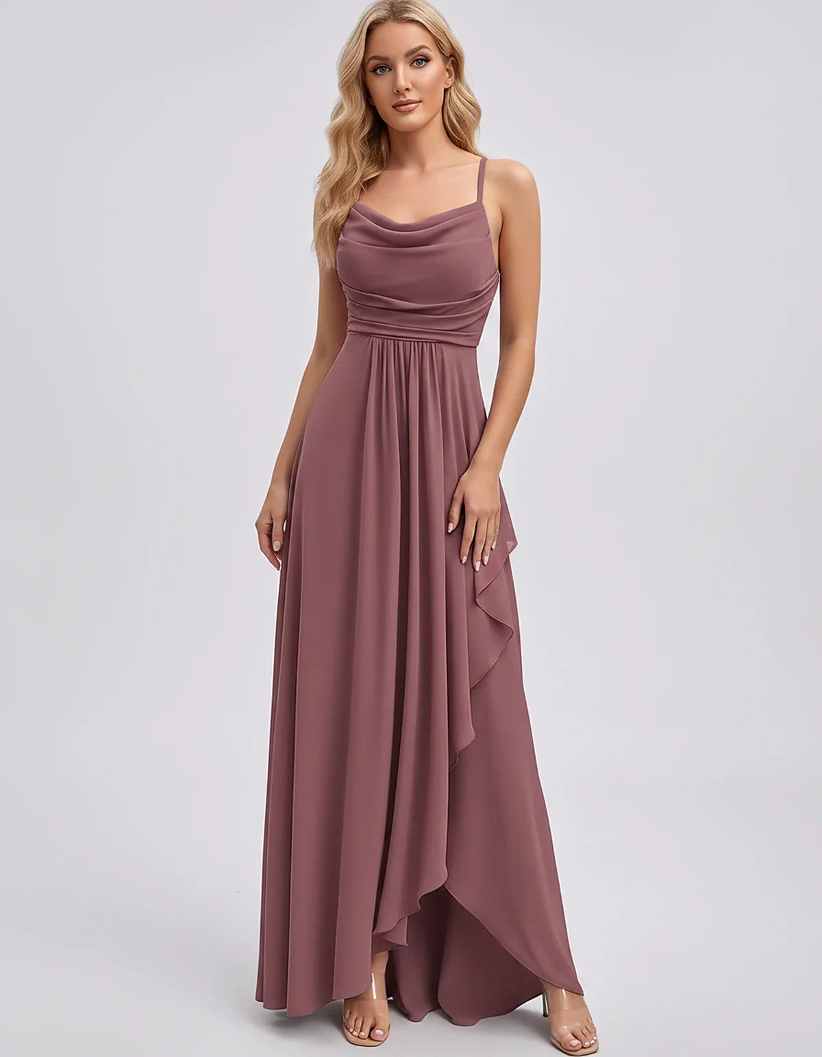 Chiffon Sleeveless Cowl Neck A-Line Maxi Dress for Party, Cocktail, Evening, Wedding Guest, Bridesmaid & Summer Events, front | SKU: SM-482716395814207-DUSTYROSE-L,SM-482716395814207-DUSTYROSE-M,SM-482716395814207-DUSTYROSE-S,SM-482716395814207-DUSTYROSE-XL,SM-482716395814207-DUSTYROSE-XS