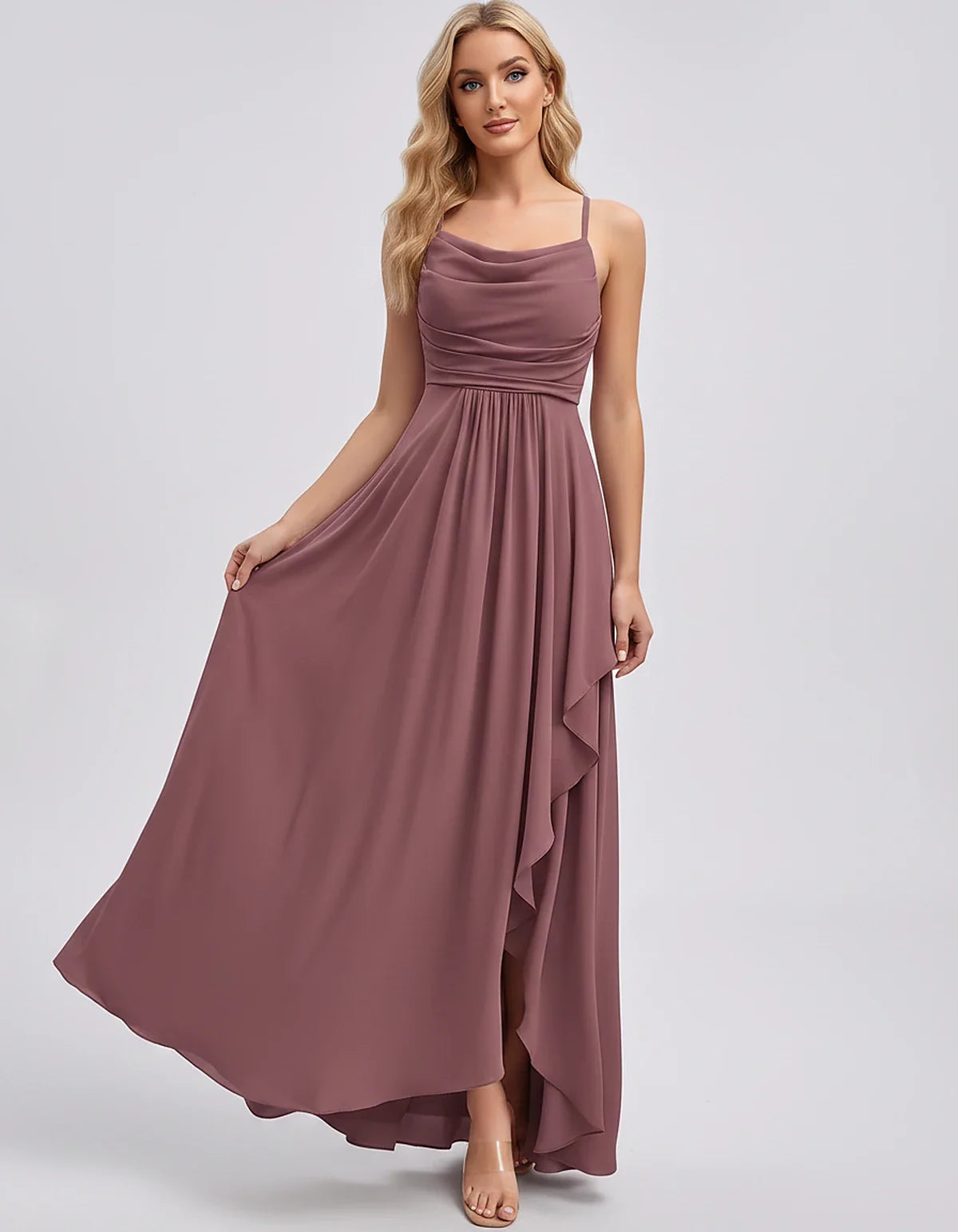 Chiffon Sleeveless Cowl Neck A-Line Maxi Dress for Party, Cocktail, Evening, Wedding Guest, Bridesmaid & Summer Events, front | SKU: SM-482716395814207-DUSTYROSE-L,SM-482716395814207-DUSTYROSE-M,SM-482716395814207-DUSTYROSE-S,SM-482716395814207-DUSTYROSE-XL,SM-482716395814207-DUSTYROSE-XS