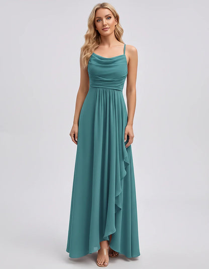 Chiffon Sleeveless Cowl Neck A-Line Maxi Dress for Party, Cocktail, Evening, Wedding Guest, Bridesmaid & Summer Events, front | SKU: SM-482716395814207-BLUEGREEN-L,SM-482716395814207-BLUEGREEN-M,SM-482716395814207-BLUEGREEN-S,SM-482716395814207-BLUEGREEN-XL,SM-482716395814207-BLUEGREEN-XS