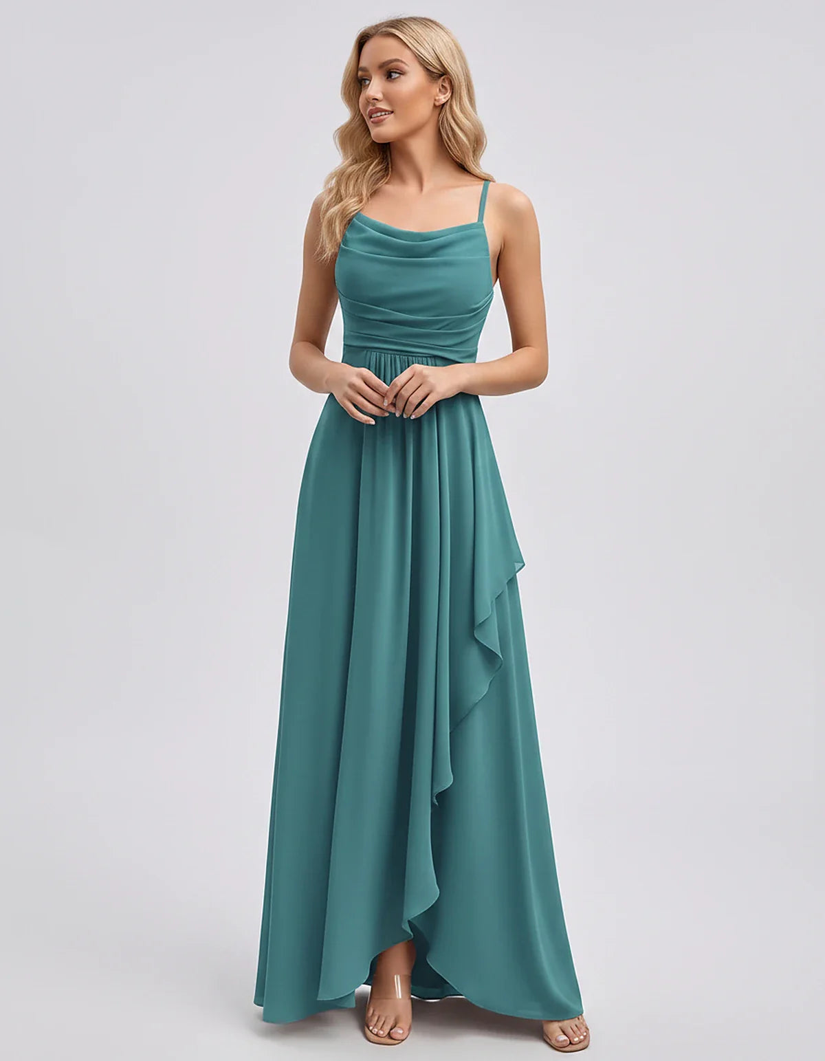 Chiffon Sleeveless Cowl Neck A-Line Maxi Dress for Party, Cocktail, Evening, Wedding Guest, Bridesmaid & Summer Events, front | SKU: SM-482716395814207-BLUEGREEN-L,SM-482716395814207-BLUEGREEN-M,SM-482716395814207-BLUEGREEN-S,SM-482716395814207-BLUEGREEN-XL,SM-482716395814207-BLUEGREEN-XS