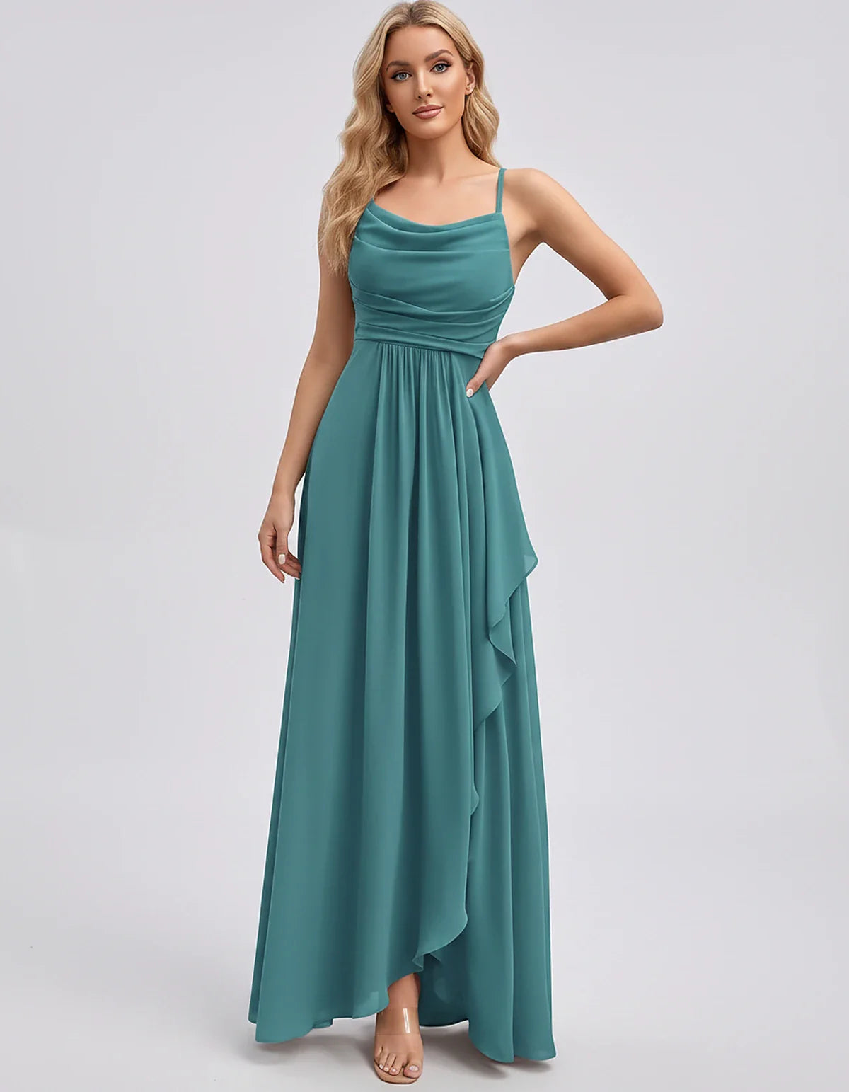Chiffon Sleeveless Cowl Neck A-Line Maxi Dress for Party, Cocktail, Evening, Wedding Guest, Bridesmaid & Summer Events, front | SKU: SM-482716395814207-BLUEGREEN-L,SM-482716395814207-BLUEGREEN-M,SM-482716395814207-BLUEGREEN-S,SM-482716395814207-BLUEGREEN-XL,SM-482716395814207-BLUEGREEN-XS