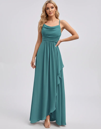 Chiffon Sleeveless Cowl Neck A-Line Maxi Dress for Party, Cocktail, Evening, Wedding Guest, Bridesmaid & Summer Events, front | SKU: SM-482716395814207-BLUEGREEN-L,SM-482716395814207-BLUEGREEN-M,SM-482716395814207-BLUEGREEN-S,SM-482716395814207-BLUEGREEN-XL,SM-482716395814207-BLUEGREEN-XS
