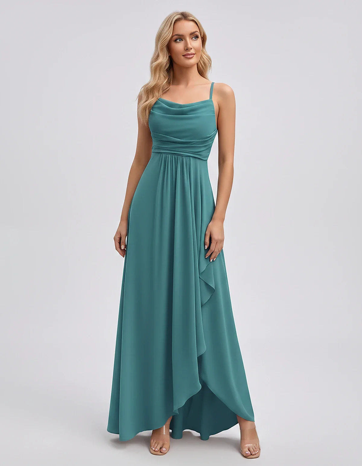 Chiffon Sleeveless Cowl Neck A-Line Maxi Dress for Party, Cocktail, Evening, Wedding Guest, Bridesmaid & Summer Events, front | SKU: SM-482716395814207-BLUEGREEN-L,SM-482716395814207-BLUEGREEN-M,SM-482716395814207-BLUEGREEN-S,SM-482716395814207-BLUEGREEN-XL,SM-482716395814207-BLUEGREEN-XS