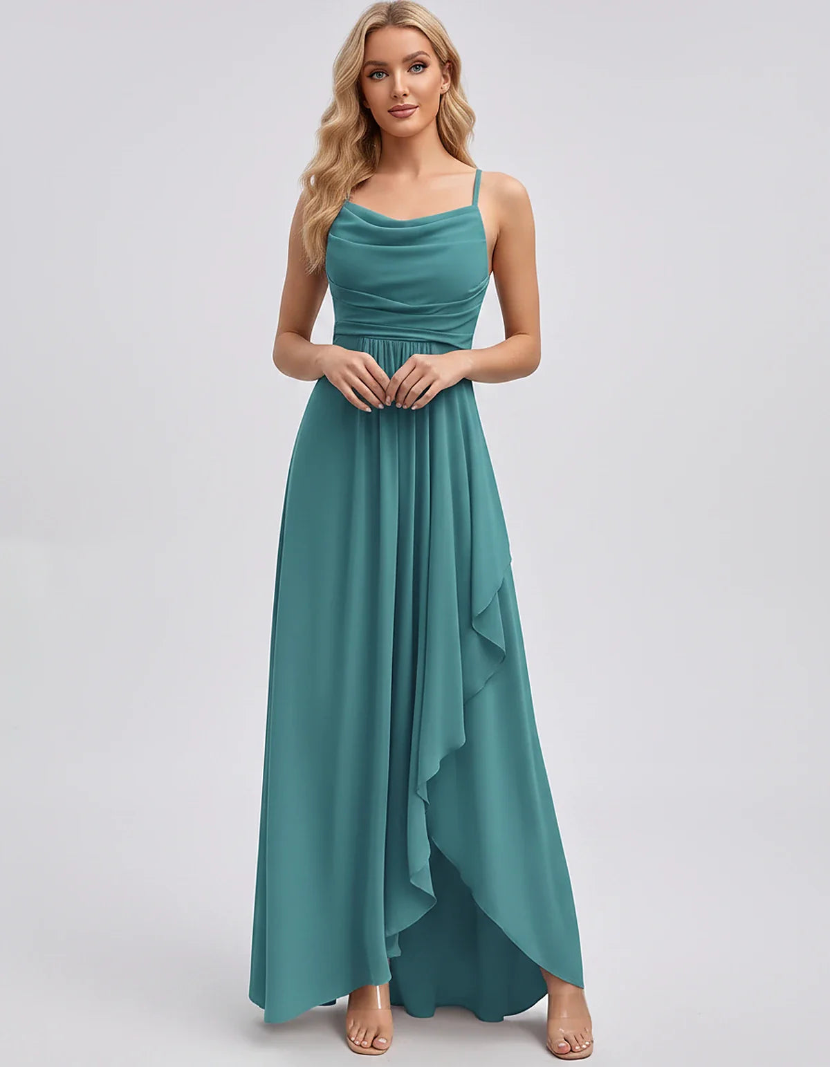 Chiffon Sleeveless Cowl Neck A-Line Maxi Dress for Party, Cocktail, Evening, Wedding Guest, Bridesmaid & Summer Events, front | SKU: SM-482716395814207-BLUEGREEN-L,SM-482716395814207-BLUEGREEN-M,SM-482716395814207-BLUEGREEN-S,SM-482716395814207-BLUEGREEN-XL,SM-482716395814207-BLUEGREEN-XS