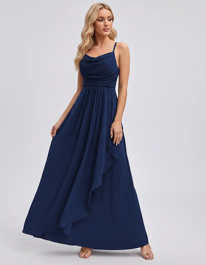 Chiffon Sleeveless Cowl Neck A-Line Maxi Dress for Party, Cocktail, Evening, Wedding Guest, Bridesmaid & Summer Events, front | SKU: SM-482716395814207-NAVY-L,SM-482716395814207-NAVY-M,SM-482716395814207-NAVY-S,SM-482716395814207-NAVY-XL,SM-482716395814207-NAVY-XS