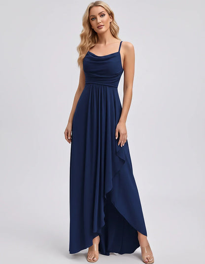 Chiffon Sleeveless Cowl Neck A-Line Maxi Dress for Party, Cocktail, Evening, Wedding Guest, Bridesmaid & Summer Events, front | SKU: SM-482716395814207-NAVY-L,SM-482716395814207-NAVY-M,SM-482716395814207-NAVY-S,SM-482716395814207-NAVY-XL,SM-482716395814207-NAVY-XS