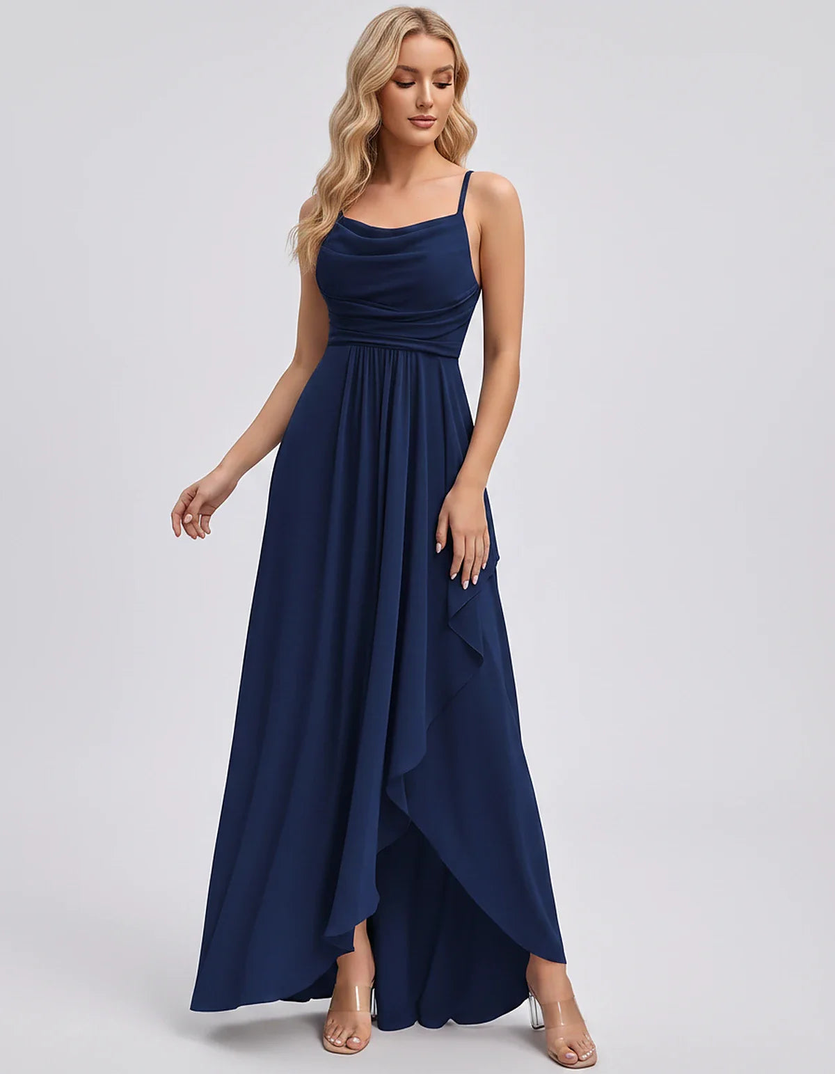 Chiffon Sleeveless Cowl Neck A-Line Maxi Dress for Party, Cocktail, Evening, Wedding Guest, Bridesmaid & Summer Events, front | SKU: SM-482716395814207-NAVY-L,SM-482716395814207-NAVY-M,SM-482716395814207-NAVY-S,SM-482716395814207-NAVY-XL,SM-482716395814207-NAVY-XS