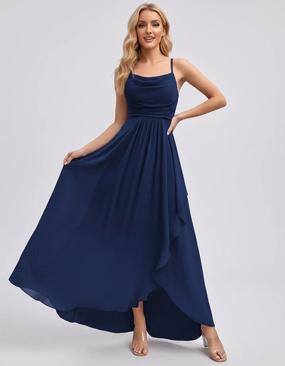 Chiffon Sleeveless Cowl Neck A-Line Maxi Dress for Party, Cocktail, Evening, Wedding Guest, Bridesmaid & Summer Events, front | SKU: SM-482716395814207-NAVY-L,SM-482716395814207-NAVY-M,SM-482716395814207-NAVY-S,SM-482716395814207-NAVY-XL,SM-482716395814207-NAVY-XS
