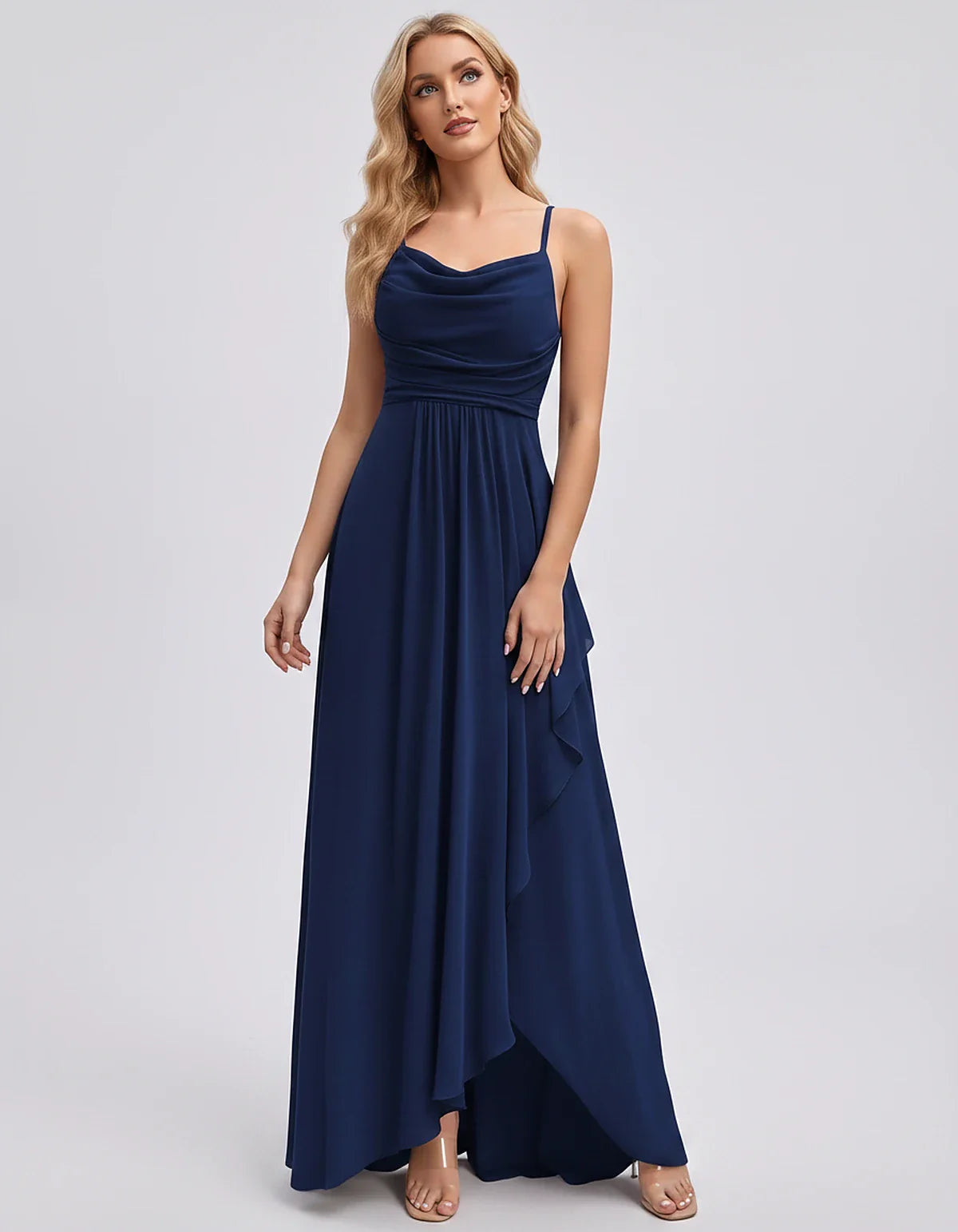 Chiffon Sleeveless Cowl Neck A-Line Maxi Dress for Party, Cocktail, Evening, Wedding Guest, Bridesmaid & Summer Events, front | SKU: SM-482716395814207-NAVY-L,SM-482716395814207-NAVY-M,SM-482716395814207-NAVY-S,SM-482716395814207-NAVY-XL,SM-482716395814207-NAVY-XS