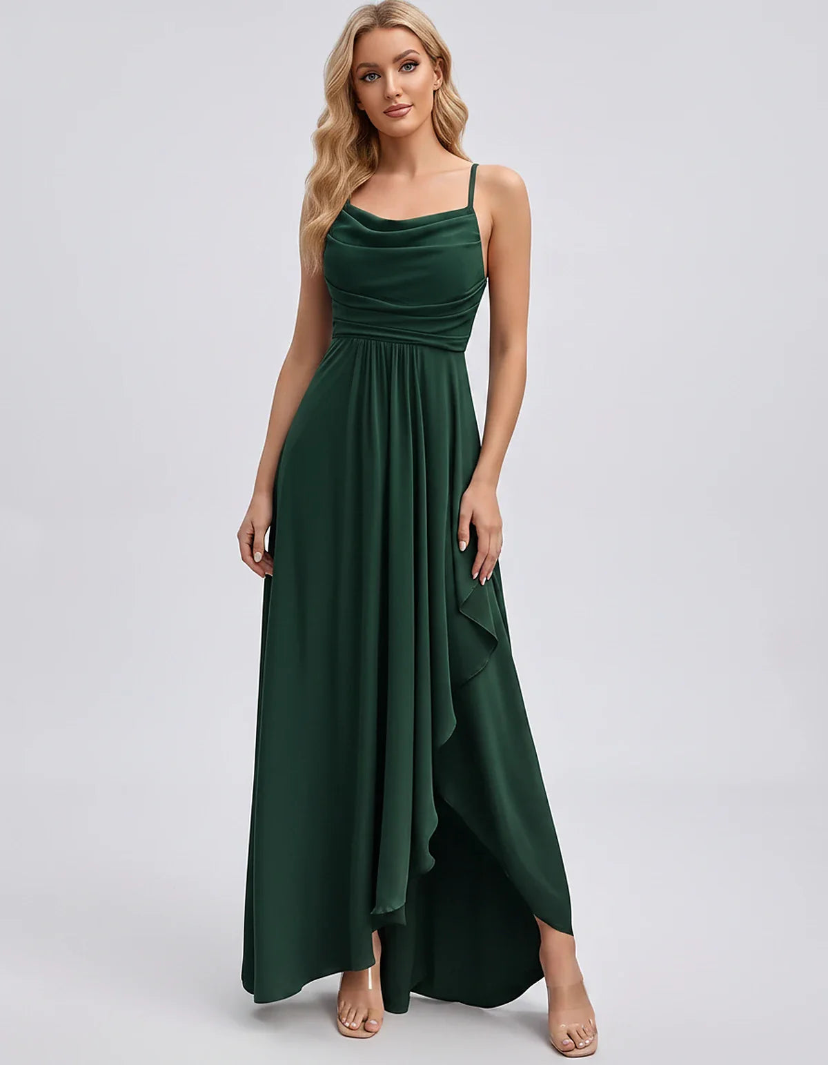 Chiffon Sleeveless Cowl Neck A-Line Maxi Dress for Party, Cocktail, Evening, Wedding Guest, Bridesmaid & Summer Events, front | SKU: SM-482716395814207-EMERALD-L,SM-482716395814207-EMERALD-M,SM-482716395814207-EMERALD-S,SM-482716395814207-EMERALD-XL,SM-482716395814207-EMERALD-XS