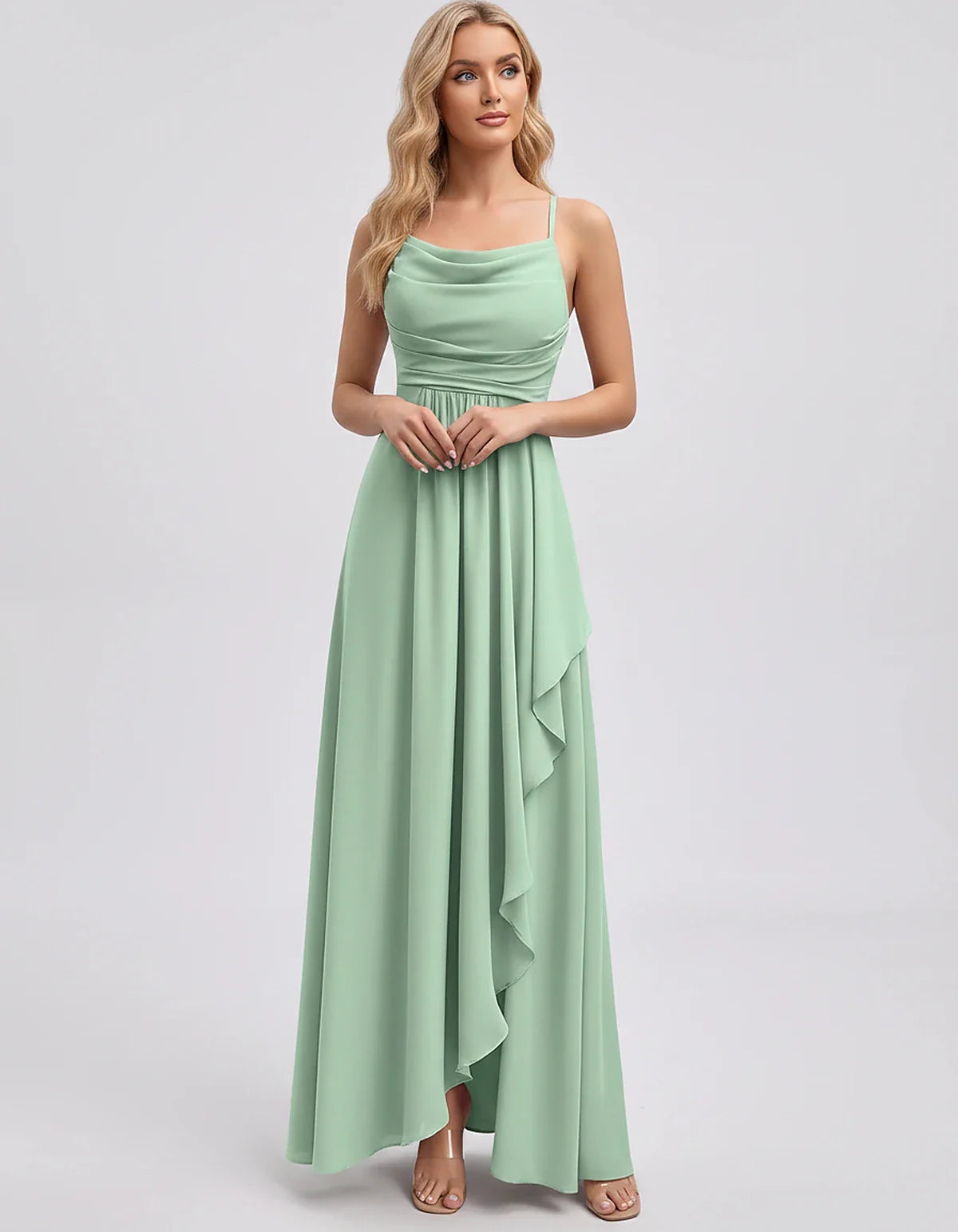 Chiffon Sleeveless Cowl Neck A-Line Maxi Dress for Party, Cocktail, Evening, Wedding Guest, Bridesmaid & Summer Events, front | SKU: SM-482716395814207-MINT-L,SM-482716395814207-MINT-M,SM-482716395814207-MINT-S,SM-482716395814207-MINT-XL,SM-482716395814207-MINT-XS