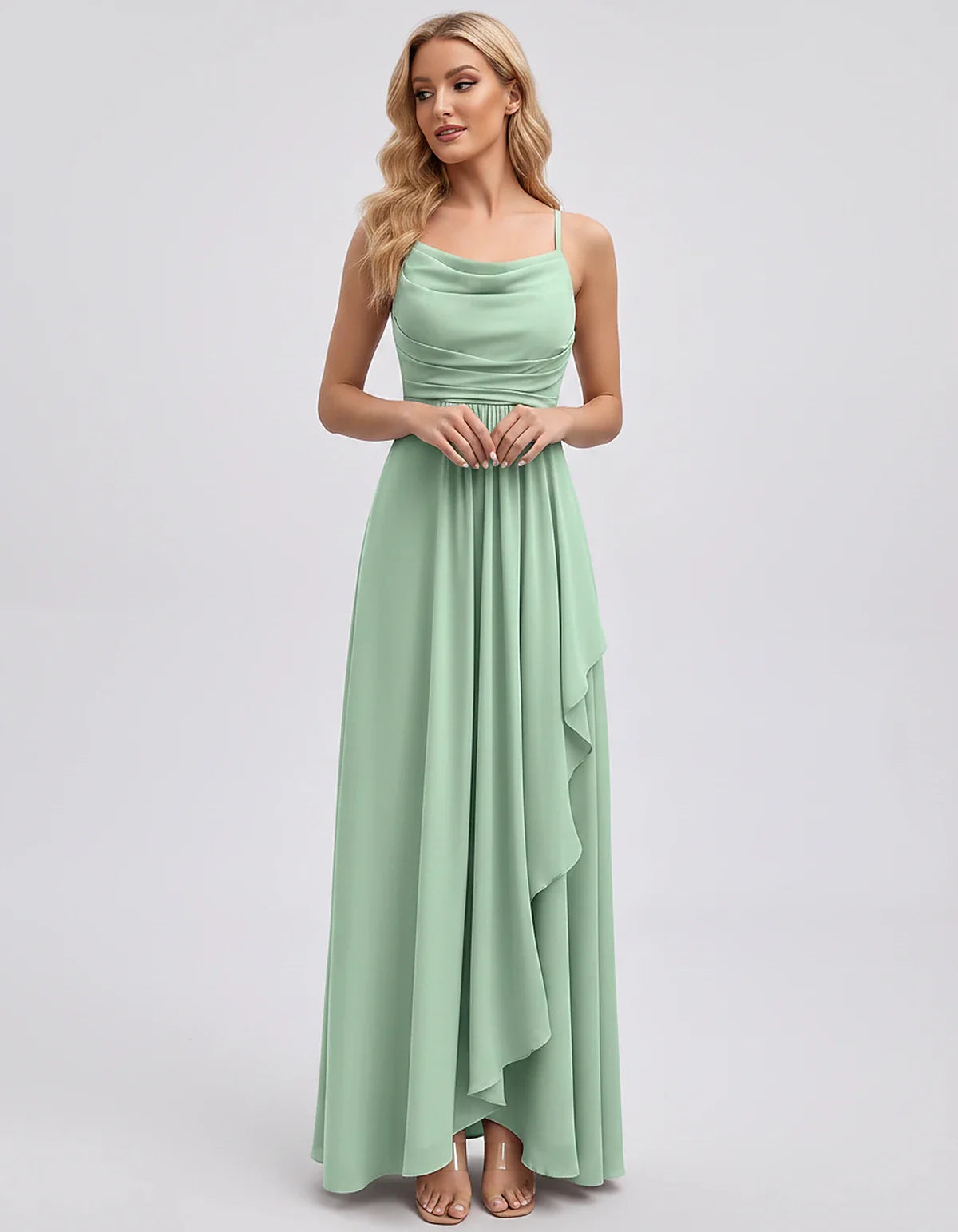 Chiffon Sleeveless Cowl Neck A-Line Maxi Dress for Party, Cocktail, Evening, Wedding Guest, Bridesmaid & Summer Events, front | SKU: SM-482716395814207-MINT-L,SM-482716395814207-MINT-M,SM-482716395814207-MINT-S,SM-482716395814207-MINT-XL,SM-482716395814207-MINT-XS