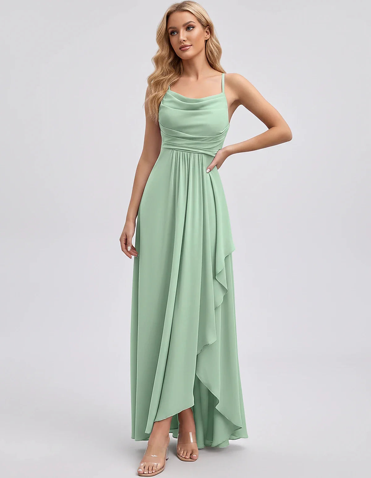 Chiffon Sleeveless Cowl Neck A-Line Maxi Dress for Party, Cocktail, Evening, Wedding Guest, Bridesmaid & Summer Events, front | SKU: SM-482716395814207-MINT-L,SM-482716395814207-MINT-M,SM-482716395814207-MINT-S,SM-482716395814207-MINT-XL,SM-482716395814207-MINT-XS