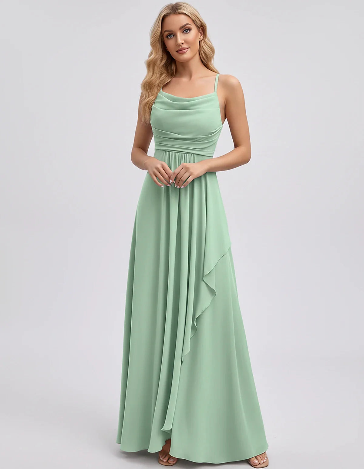 Chiffon Sleeveless Cowl Neck A-Line Maxi Dress for Party, Cocktail, Evening, Wedding Guest, Bridesmaid & Summer Events, front | SKU: SM-482716395814207-MINT-L,SM-482716395814207-MINT-M,SM-482716395814207-MINT-S,SM-482716395814207-MINT-XL,SM-482716395814207-MINT-XS