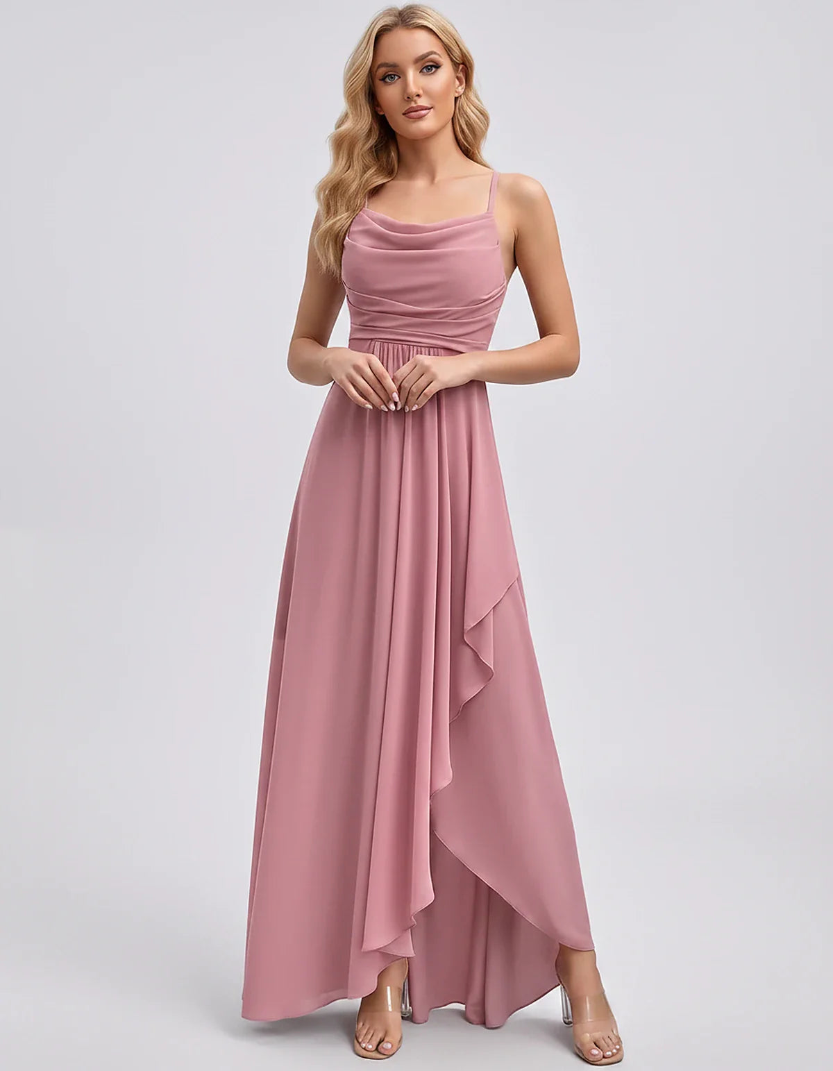 Chiffon Sleeveless Cowl Neck A-Line Maxi Dress for Party, Cocktail, Evening, Wedding Guest, Bridesmaid & Summer Events, front | SKU: SM-482716395814207-PINK-L,SM-482716395814207-PINK-M,SM-482716395814207-PINK-S,SM-482716395814207-PINK-XL,SM-482716395814207-PINK-XS