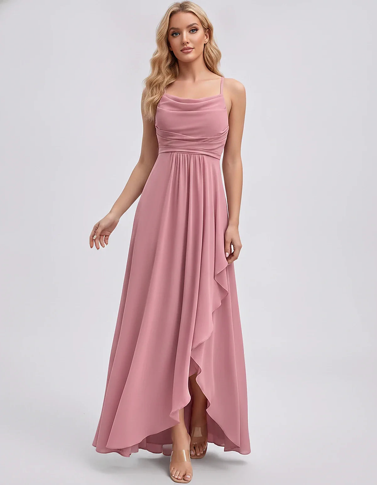 Chiffon Sleeveless Cowl Neck A-Line Maxi Dress for Party, Cocktail, Evening, Wedding Guest, Bridesmaid & Summer Events, front | SKU: SM-482716395814207-PINK-L,SM-482716395814207-PINK-M,SM-482716395814207-PINK-S,SM-482716395814207-PINK-XL,SM-482716395814207-PINK-XS