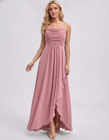 Chiffon Sleeveless Cowl Neck A-Line Maxi Dress for Party, Cocktail, Evening, Wedding Guest, Bridesmaid & Summer Events, front | SKU: SM-482716395814207-PINK-L,SM-482716395814207-PINK-M,SM-482716395814207-PINK-S,SM-482716395814207-PINK-XL,SM-482716395814207-PINK-XS