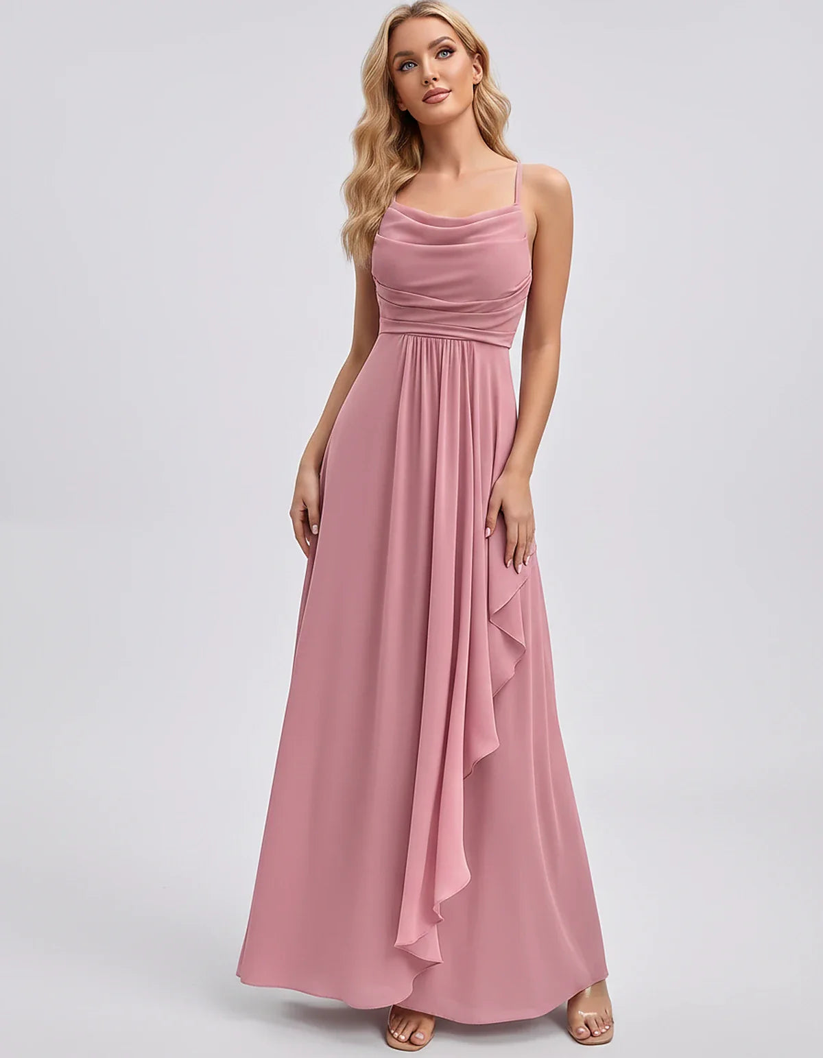 Chiffon Sleeveless Cowl Neck A-Line Maxi Dress for Party, Cocktail, Evening, Wedding Guest, Bridesmaid & Summer Events, front | SKU: SM-482716395814207-PINK-L,SM-482716395814207-PINK-M,SM-482716395814207-PINK-S,SM-482716395814207-PINK-XL,SM-482716395814207-PINK-XS