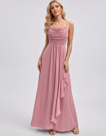 Chiffon Sleeveless Cowl Neck A-Line Maxi Dress for Party, Cocktail, Evening, Wedding Guest, Bridesmaid & Summer Events, front | SKU: SM-482716395814207-PINK-L,SM-482716395814207-PINK-M,SM-482716395814207-PINK-S,SM-482716395814207-PINK-XL,SM-482716395814207-PINK-XS