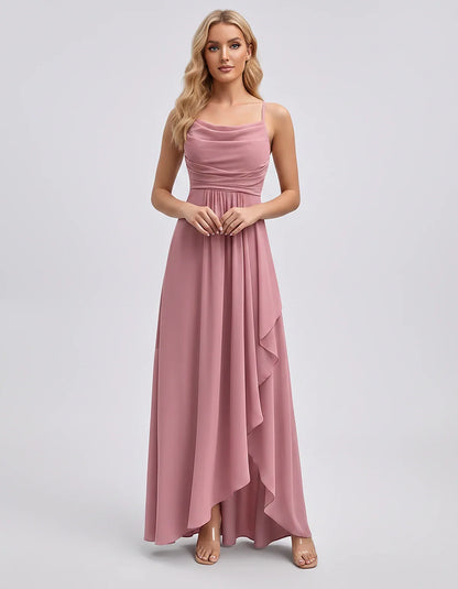 Chiffon Sleeveless Cowl Neck A-Line Maxi Dress for Party, Cocktail, Evening, Wedding Guest, Bridesmaid & Summer Events, front | SKU: SM-482716395814207-PINK-L,SM-482716395814207-PINK-M,SM-482716395814207-PINK-S,SM-482716395814207-PINK-XL,SM-482716395814207-PINK-XS