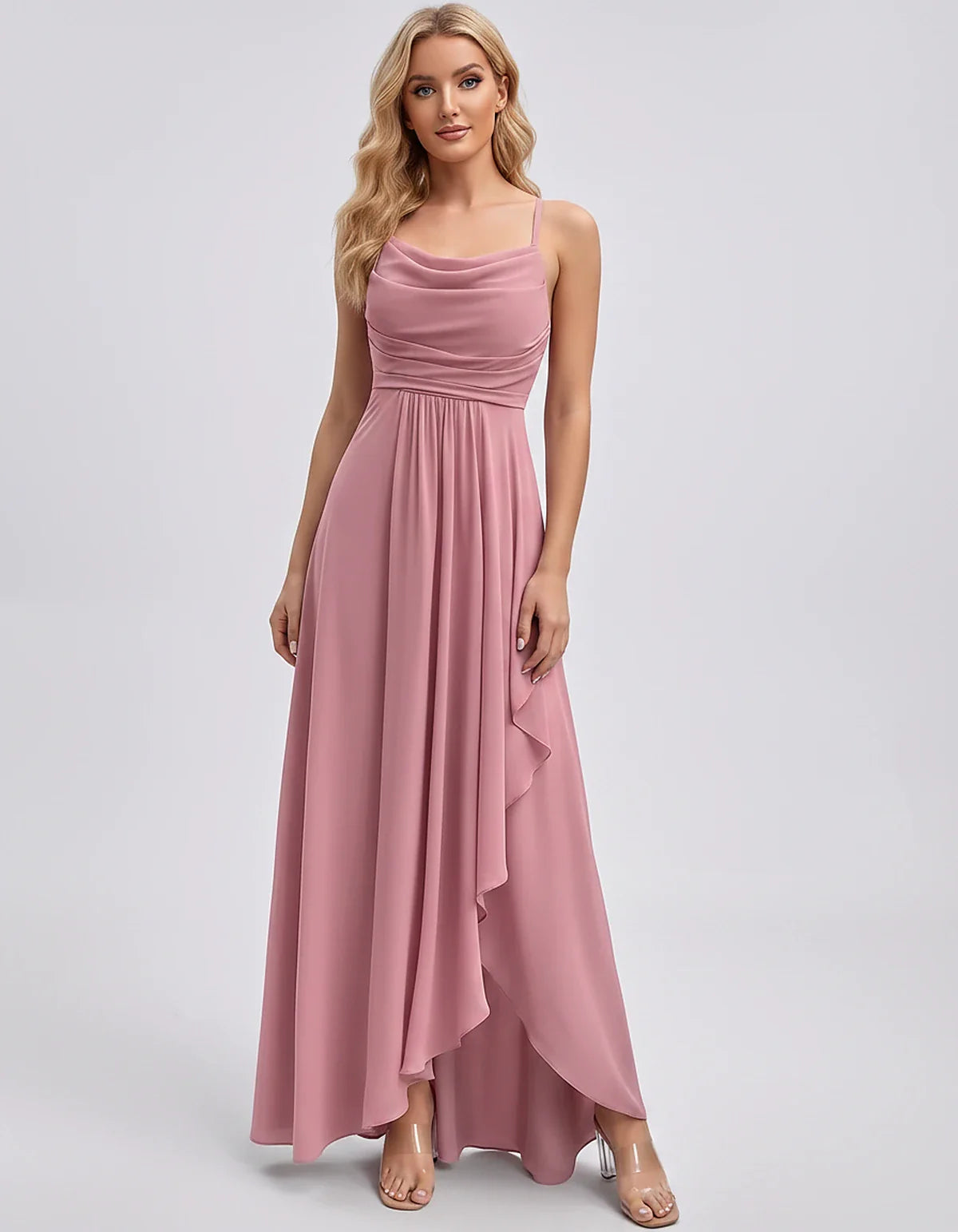 Chiffon Sleeveless Cowl Neck A-Line Maxi Dress for Party, Cocktail, Evening, Wedding Guest, Bridesmaid & Summer Events, front | SKU: SM-482716395814207-PINK-L,SM-482716395814207-PINK-M,SM-482716395814207-PINK-S,SM-482716395814207-PINK-XL,SM-482716395814207-PINK-XS