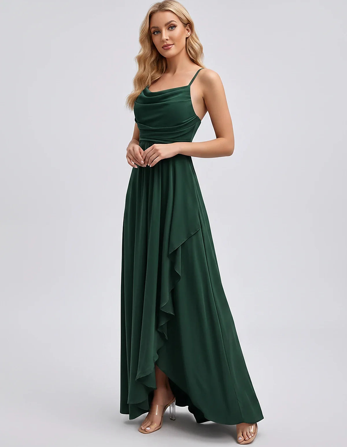 Chiffon Sleeveless Cowl Neck A-Line Maxi Dress for Party, Cocktail, Evening, Wedding Guest, Bridesmaid & Summer Events, front | SKU: SM-482716395814207-EMERALD-L,SM-482716395814207-EMERALD-M,SM-482716395814207-EMERALD-S,SM-482716395814207-EMERALD-XL,SM-482716395814207-EMERALD-XS