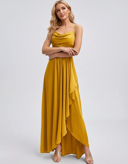 Chiffon Sleeveless Cowl Neck A-Line Maxi Dress for Party, Cocktail, Evening, Wedding Guest, Bridesmaid & Summer Events, front | SKU: SM-482716395814207-YELLOW-L,SM-482716395814207-YELLOW-M,SM-482716395814207-YELLOW-S,SM-482716395814207-YELLOW-XL,SM-482716395814207-YELLOW-XS