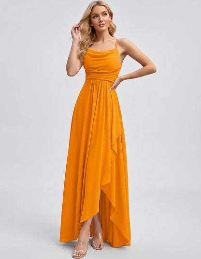 Chiffon Sleeveless Cowl Neck A-Line Maxi Dress for Party, Cocktail, Evening, Wedding Guest, Bridesmaid & Summer Events, front | SKU: SM-482716395814207-ORANGE-L,SM-482716395814207-ORANGE-M,SM-482716395814207-ORANGE-S,SM-482716395814207-ORANGE-XL,SM-482716395814207-ORANGE-XS