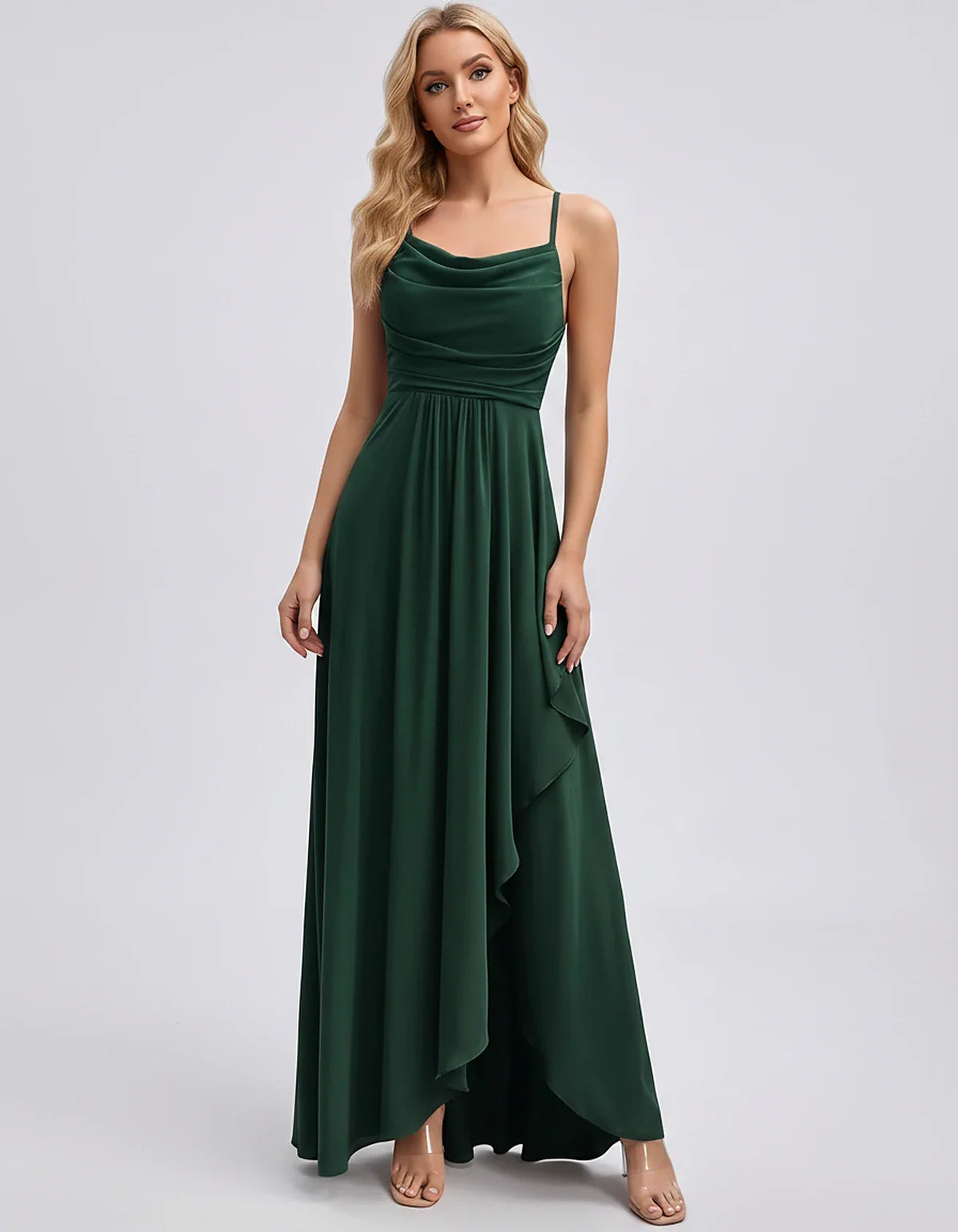 Chiffon Sleeveless Cowl Neck A-Line Maxi Dress for Party, Cocktail, Evening, Wedding Guest, Bridesmaid & Summer Events, front | SKU: SM-482716395814207-EMERALD-L,SM-482716395814207-EMERALD-M,SM-482716395814207-EMERALD-S,SM-482716395814207-EMERALD-XL,SM-482716395814207-EMERALD-XS