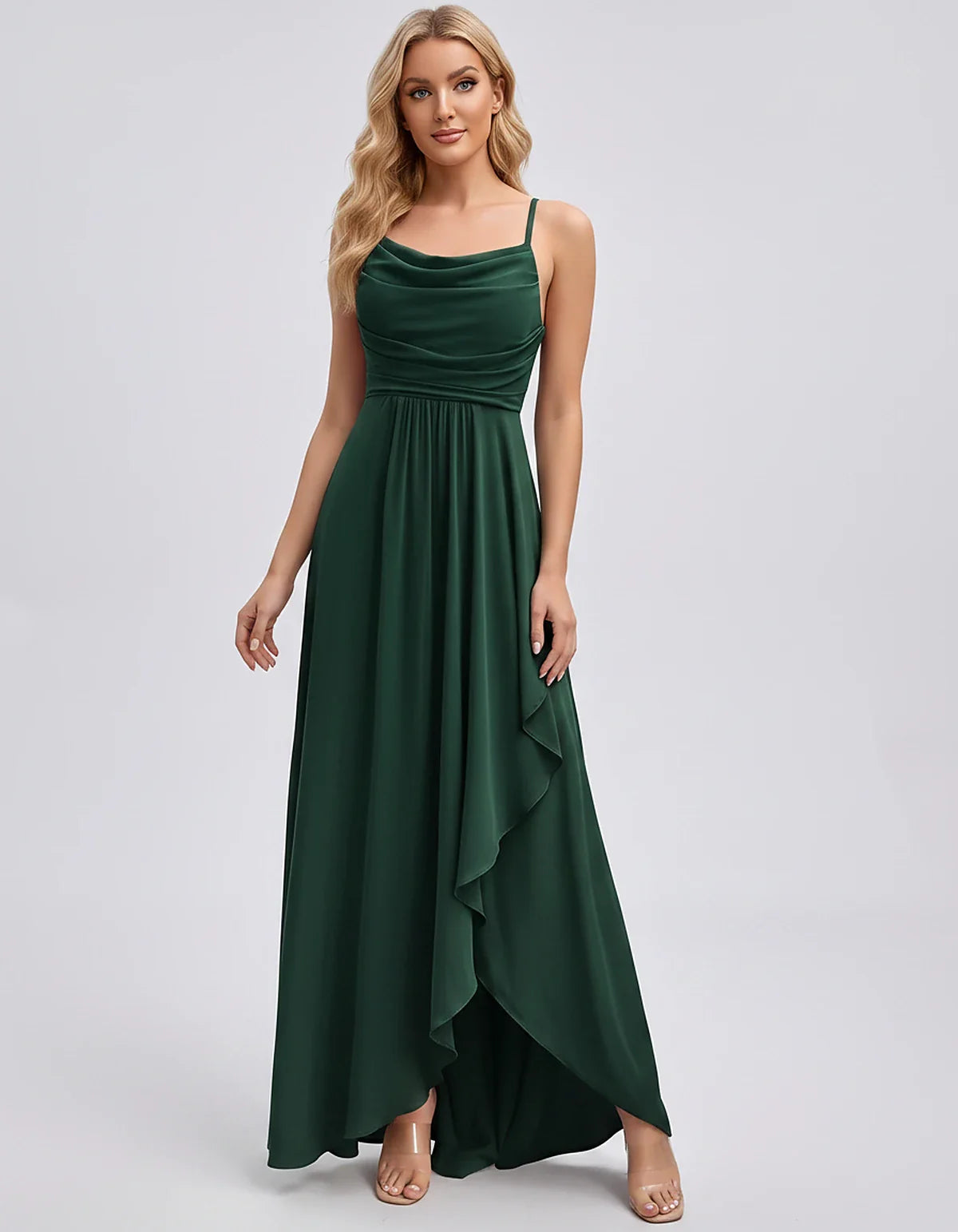 Chiffon Sleeveless Cowl Neck A-Line Maxi Dress for Party, Cocktail, Evening, Wedding Guest, Bridesmaid & Summer Events, front | SKU: SM-482716395814207-EMERALD-L,SM-482716395814207-EMERALD-M,SM-482716395814207-EMERALD-S,SM-482716395814207-EMERALD-XL,SM-482716395814207-EMERALD-XS