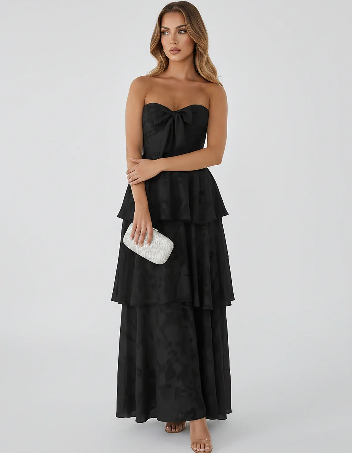 Jacquard Chiffon Sleeveless Sweetheart A-Line Maxi Dress for Party, Cocktail, Evening, Wedding Guest, Prom & Summer Events, f | SKU: SM-874531962847105-BLACK-L,SM-874531962847105-BLACK-M,SM-874531962847105-BLACK-S,SM-874531962847105-BLACK-XL,SM-874531962847105-BLACK-XS