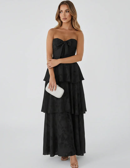 Jacquard Chiffon Sleeveless Sweetheart A-Line Maxi Dress for Party, Cocktail, Evening, Wedding Guest, Prom & Summer Events, f | SKU: SM-874531962847105-BLACK-L,SM-874531962847105-BLACK-M,SM-874531962847105-BLACK-S,SM-874531962847105-BLACK-XL,SM-874531962847105-BLACK-XS