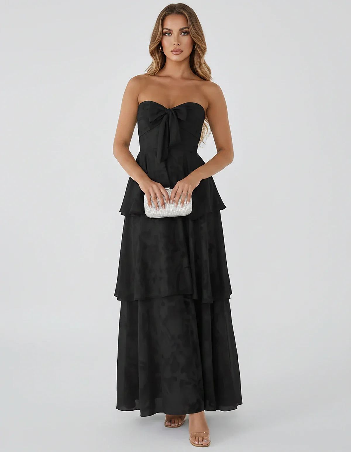 Jacquard Chiffon Sleeveless Sweetheart A-Line Maxi Dress for Party, Cocktail, Evening, Wedding Guest, Prom & Summer Events, f | SKU: SM-874531962847105-BLACK-L,SM-874531962847105-BLACK-M,SM-874531962847105-BLACK-S,SM-874531962847105-BLACK-XL,SM-874531962847105-BLACK-XS