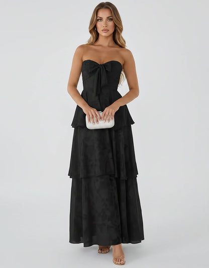 Jacquard Chiffon Sleeveless Sweetheart A-Line Maxi Dress for Party, Cocktail, Evening, Wedding Guest, Prom & Summer Events, f | SKU: SM-874531962847105-BLACK-L,SM-874531962847105-BLACK-M,SM-874531962847105-BLACK-S,SM-874531962847105-BLACK-XL,SM-874531962847105-BLACK-XS