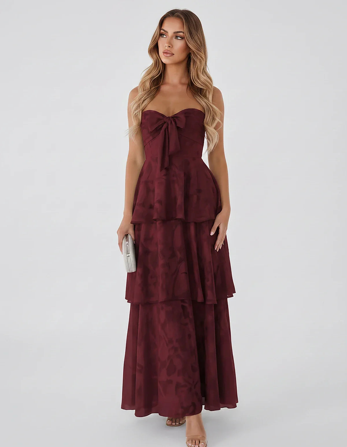 Jacquard Chiffon Sleeveless Sweetheart A-Line Maxi Dress for Party, Cocktail, Evening, Wedding Guest, Prom & Summer Events, f | SKU: SM-874531962847105-BURGUNDY-L,SM-874531962847105-BURGUNDY-M,SM-874531962847105-BURGUNDY-S,SM-874531962847105-BURGUNDY-XL,SM-874531962847105-BURGUNDY-XS