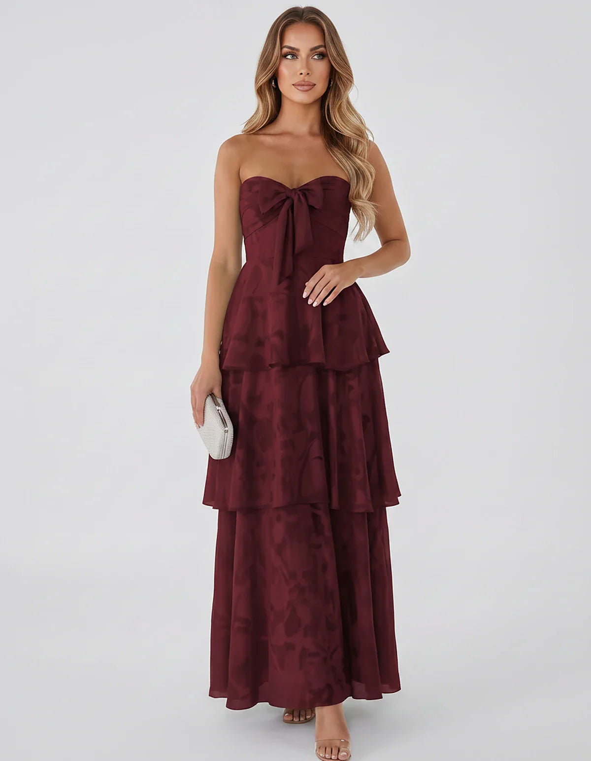 Jacquard Chiffon Sleeveless Sweetheart A-Line Maxi Dress for Party, Cocktail, Evening, Wedding Guest, Prom & Summer Events, f | SKU: SM-874531962847105-BURGUNDY-L,SM-874531962847105-BURGUNDY-M,SM-874531962847105-BURGUNDY-S,SM-874531962847105-BURGUNDY-XL,SM-874531962847105-BURGUNDY-XS