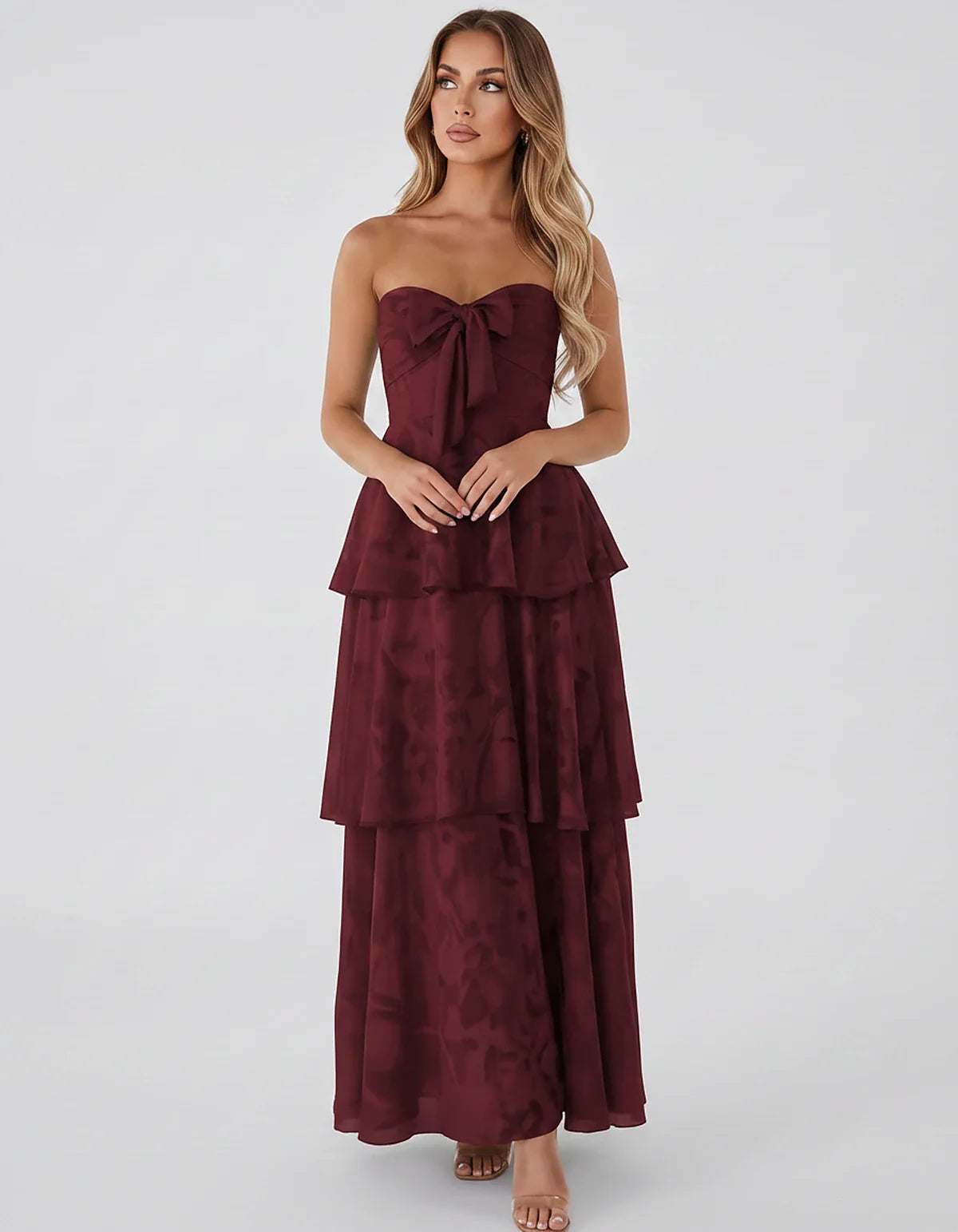 Jacquard Chiffon Sleeveless Sweetheart A-Line Maxi Dress for Party, Cocktail, Evening, Wedding Guest, Prom & Summer Events, f | SKU: SM-874531962847105-BURGUNDY-L,SM-874531962847105-BURGUNDY-M,SM-874531962847105-BURGUNDY-S,SM-874531962847105-BURGUNDY-XL,SM-874531962847105-BURGUNDY-XS