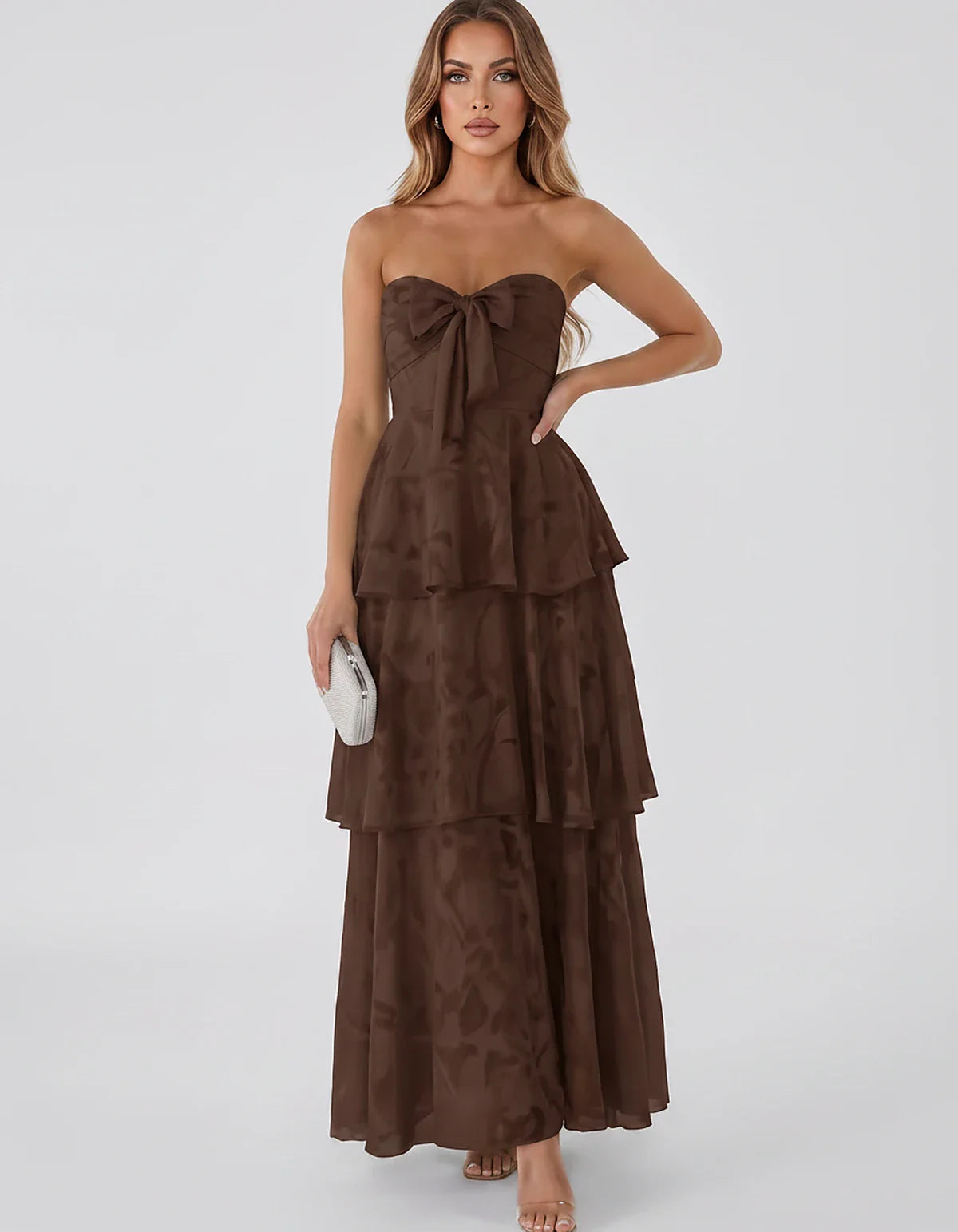 Jacquard Chiffon Sleeveless Sweetheart A-Line Maxi Dress for Party, Cocktail, Evening, Wedding Guest, Prom & Summer Events, f | SKU: SM-874531962847105-CHOCOLATE-L,SM-874531962847105-CHOCOLATE-M,SM-874531962847105-CHOCOLATE-S,SM-874531962847105-CHOCOLATE-XL,SM-874531962847105-CHOCOLATE-XS