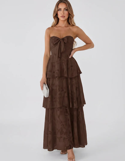 Jacquard Chiffon Sleeveless Sweetheart A-Line Maxi Dress for Party, Cocktail, Evening, Wedding Guest, Prom & Summer Events, f | SKU: SM-874531962847105-CHOCOLATE-L,SM-874531962847105-CHOCOLATE-M,SM-874531962847105-CHOCOLATE-S,SM-874531962847105-CHOCOLATE-XL,SM-874531962847105-CHOCOLATE-XS