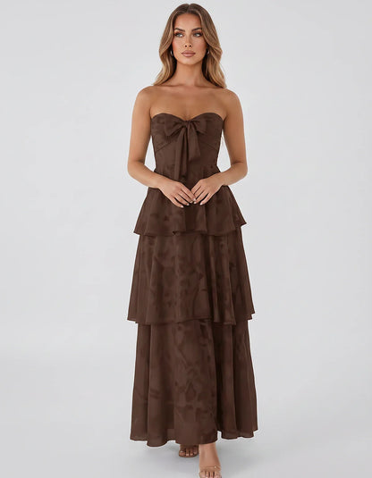 Jacquard Chiffon Sleeveless Sweetheart A-Line Maxi Dress for Party, Cocktail, Evening, Wedding Guest, Prom & Summer Events, f | SKU: SM-874531962847105-CHOCOLATE-L,SM-874531962847105-CHOCOLATE-M,SM-874531962847105-CHOCOLATE-S,SM-874531962847105-CHOCOLATE-XL,SM-874531962847105-CHOCOLATE-XS