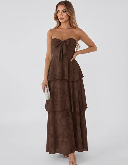 Jacquard Chiffon Sleeveless Sweetheart A-Line Maxi Dress for Party, Cocktail, Evening, Wedding Guest, Prom & Summer Events, f | SKU: SM-874531962847105-CHOCOLATE-L,SM-874531962847105-CHOCOLATE-M,SM-874531962847105-CHOCOLATE-S,SM-874531962847105-CHOCOLATE-XL,SM-874531962847105-CHOCOLATE-XS